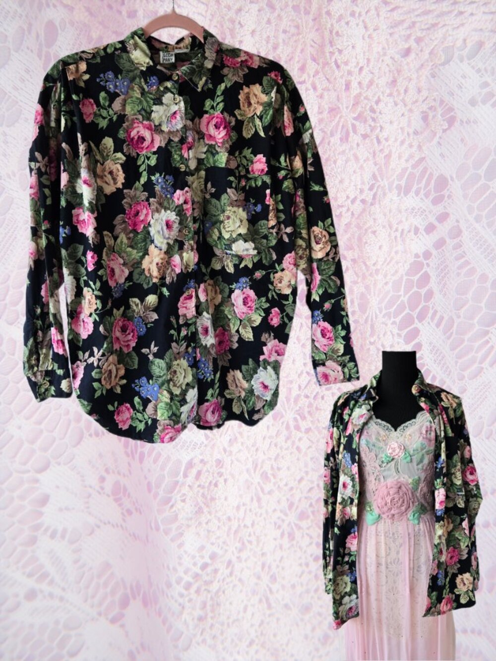 At Last & Company Button Down Shirt Rose Print Capsule Boho Top